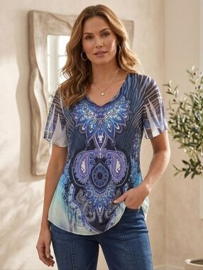 Pretty Women Womens  Flowy Boho  Blue & Grey Blouse SZ S